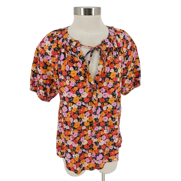 Ann Taylor LOFT Shirt Floral Puff Short Sleeve Tie V Neck Peasant Top Small - Picture 1 of 8